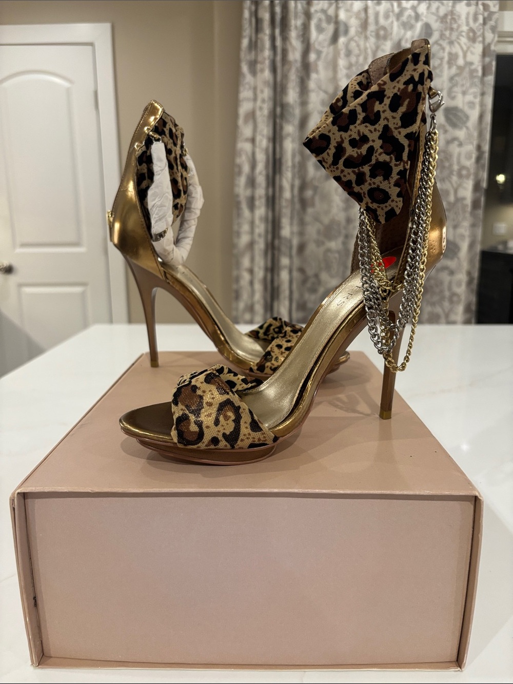 Bakers Gold and Leopard Ankle-Strap Stiletto Heels